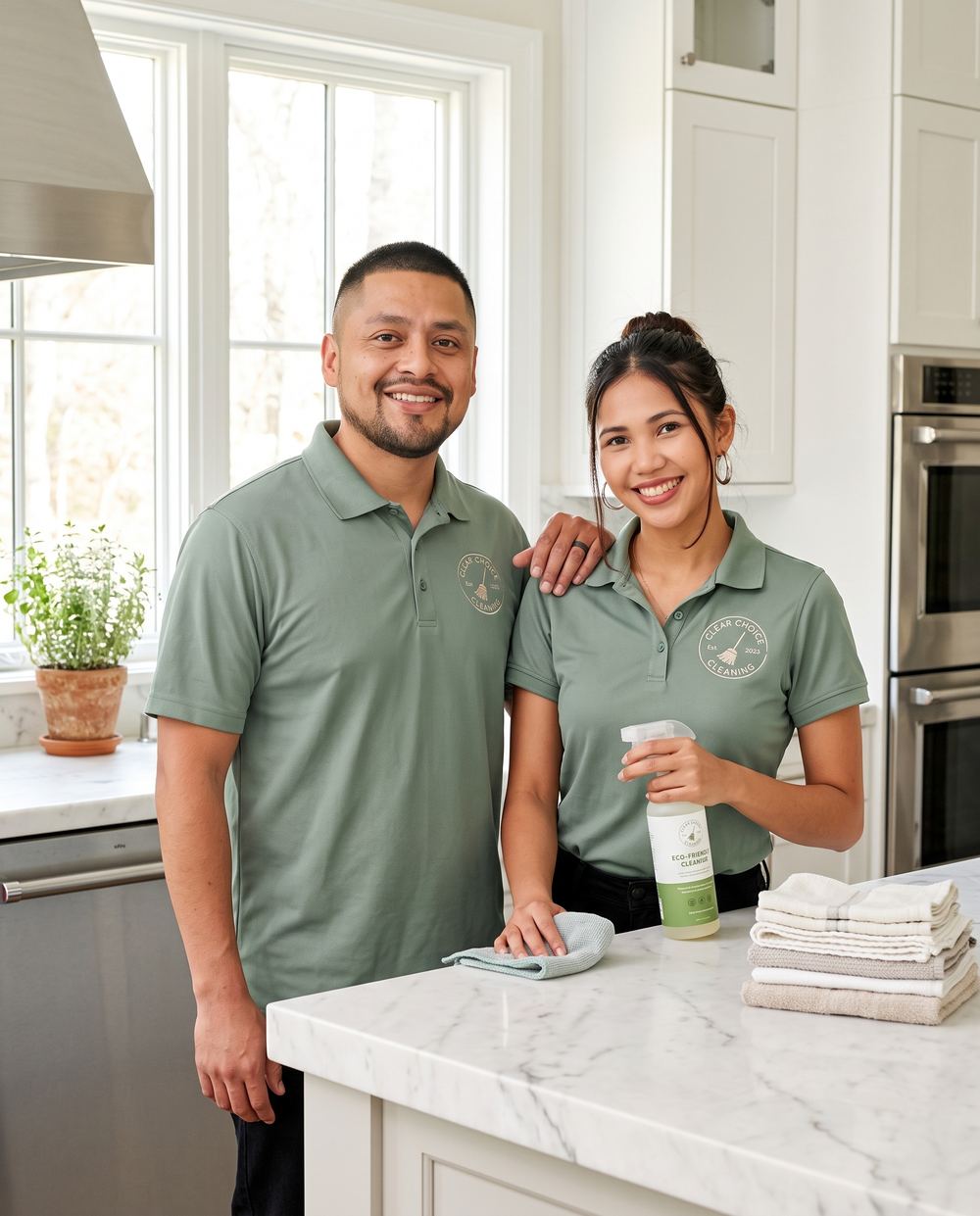 Daniel and his wife, the Kirei Clean team, in a bright high-end kitchen.